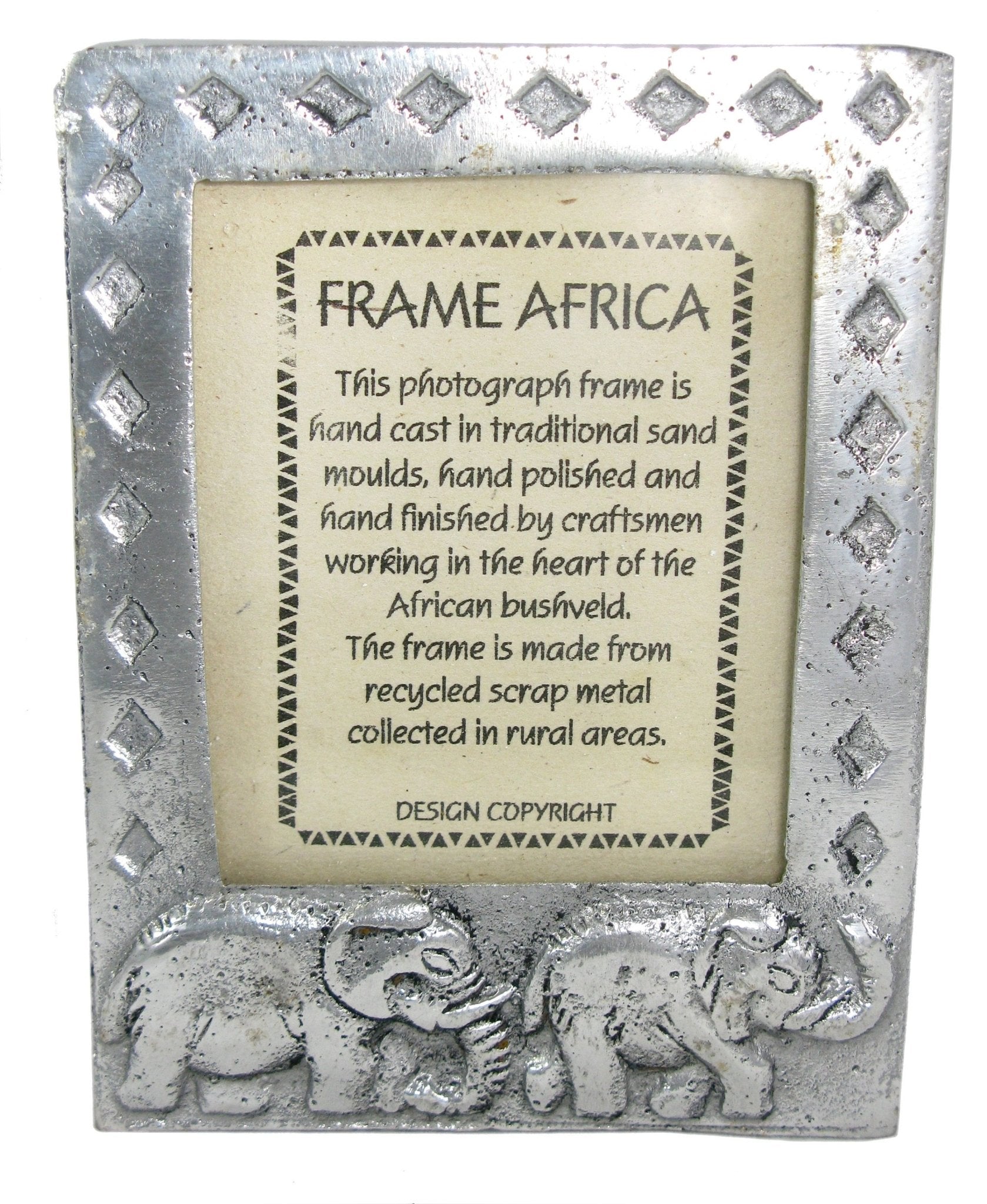 Frame Africa Hand Cast African Photo Frame made for Recycled Metal 3 x 4 in Photo Elephant / Guinea Fowl designs - FriendlyTradingCo