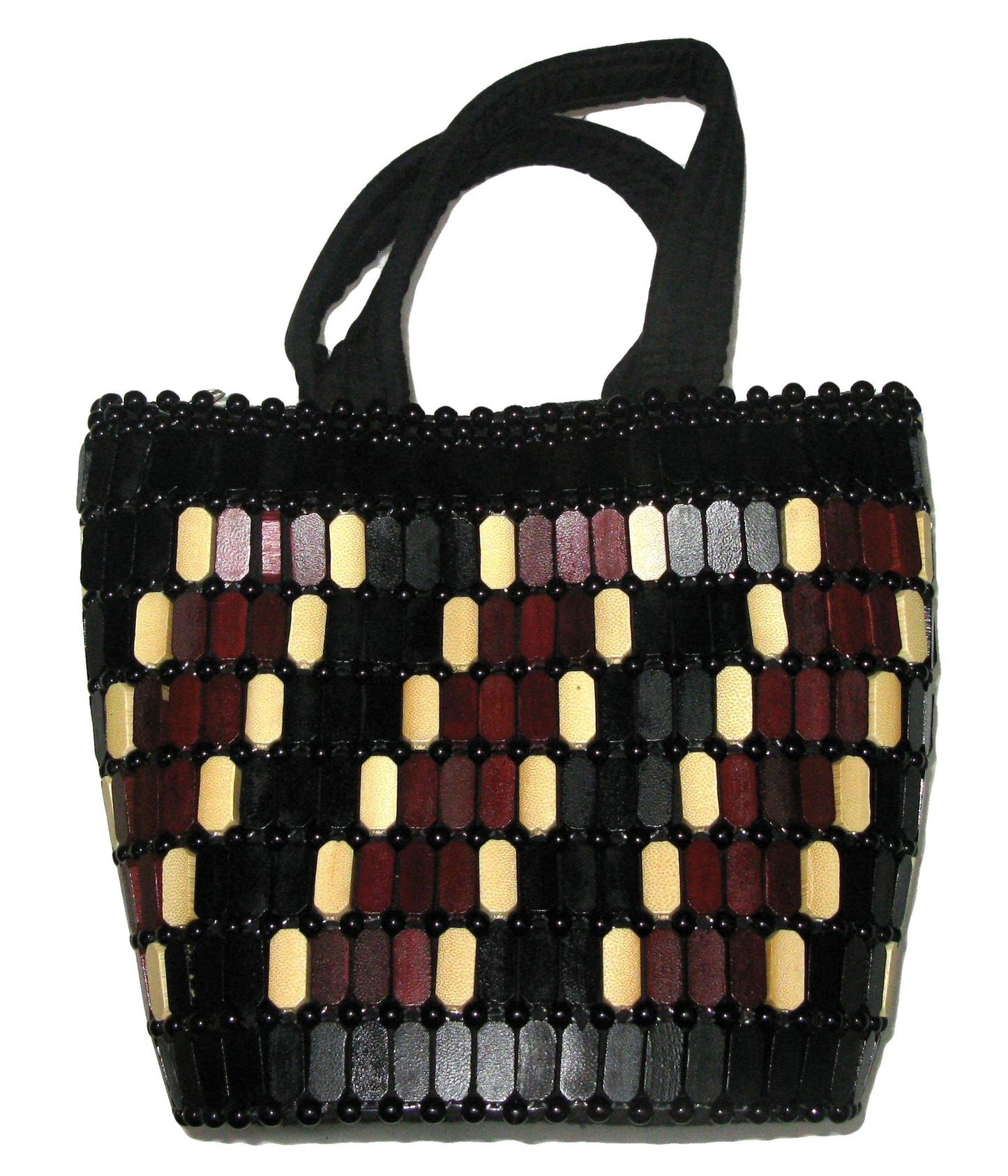 African Leather Beaded Bag - Wooden Beads, Handbag, Tote, Fashion Bag, Summer Bag Orange, Brown & Cream Design