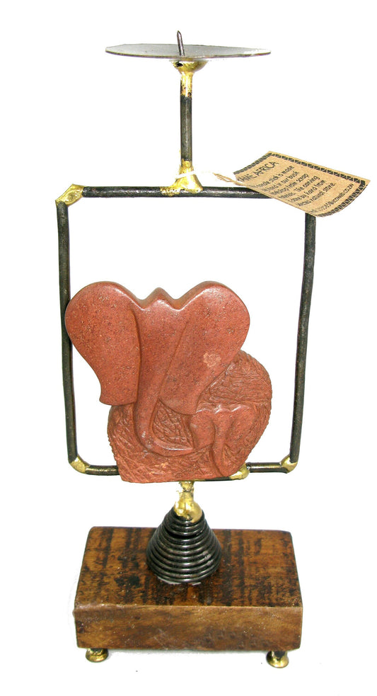 Hand Made Tall African Tea Light Candle Holder - Wood & Metal with Natural Stone Elephant 7 inch / 17cm tall Handcrafted with Story-card