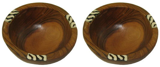 Pair of Olivewood Snack Condiment Sauce Bowls 4 inch 10 cm Fair Trade with Inlay with Story-card