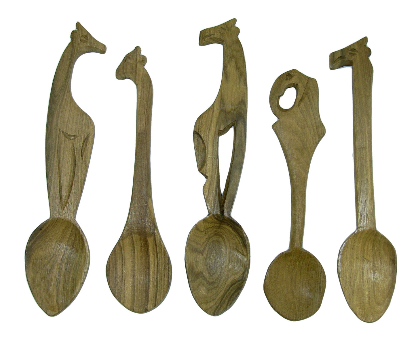 Set of 5 Wildlife theme African Handcrafted wooden Teaspoons 6 inch / 15 cm Spoons Elephant Giraffe Lion etc