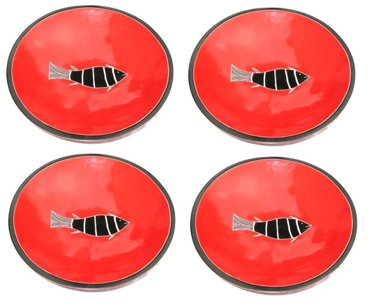 Handcrafted Set of 4 Soapstone Snack Bowls - Red Fish Design  Fairly Traded with Story-card