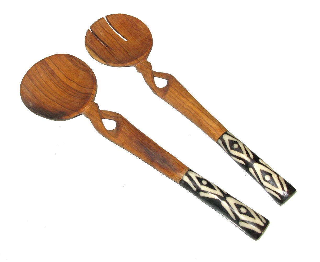 Chunky Olive Wood Salad Servers with Decorative Bone Handles 30cm 12 inch with Story-card
