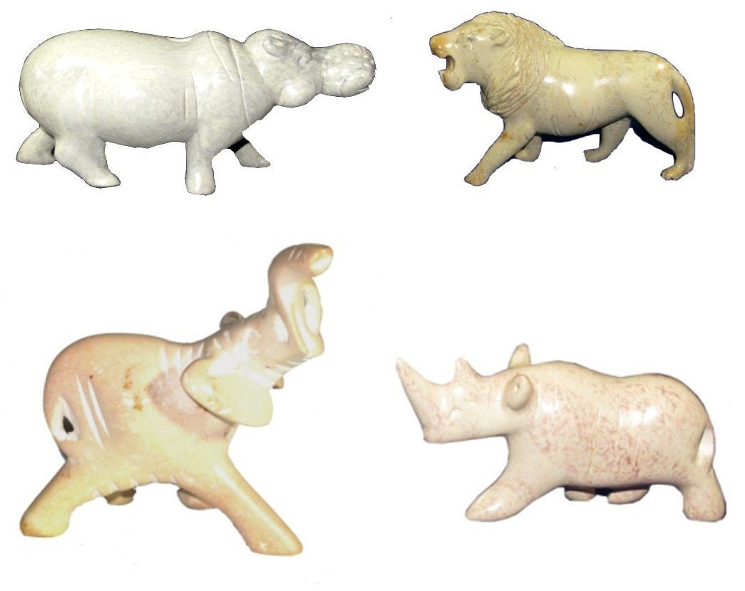Set of 4 African Baby Wild Animals in Soapstone Lion Elephant Rhino Hippo Figures 5cm in White Gift Box with Story-card