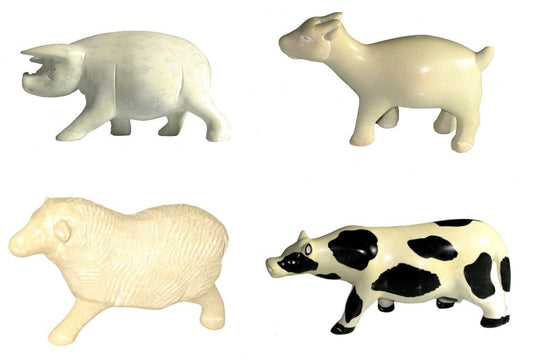 Set of 4 African Baby Farm Animals in Soapstone Pig Cow Sheep Goat Figures 5cm in White Gift Box with Story-card