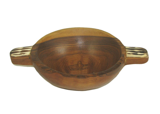 Olivewood Bowl 6 inch 15 cm Handcrafted Natural Wild Olivewood with Handles & Inlay plus Story-card