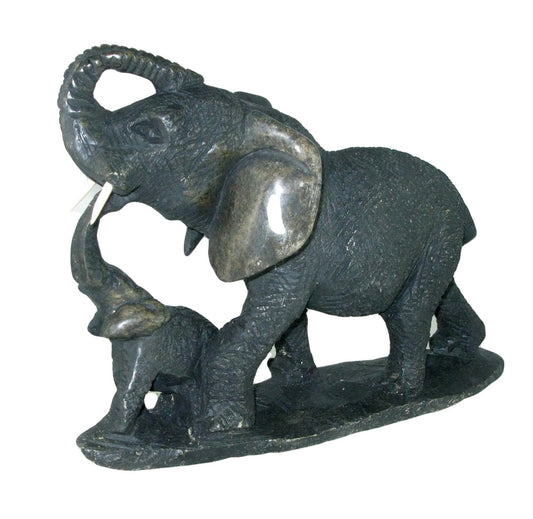 African Elephant & Calf Stone Sculpture 21cm by Zimbabwe Artists with Storycard
