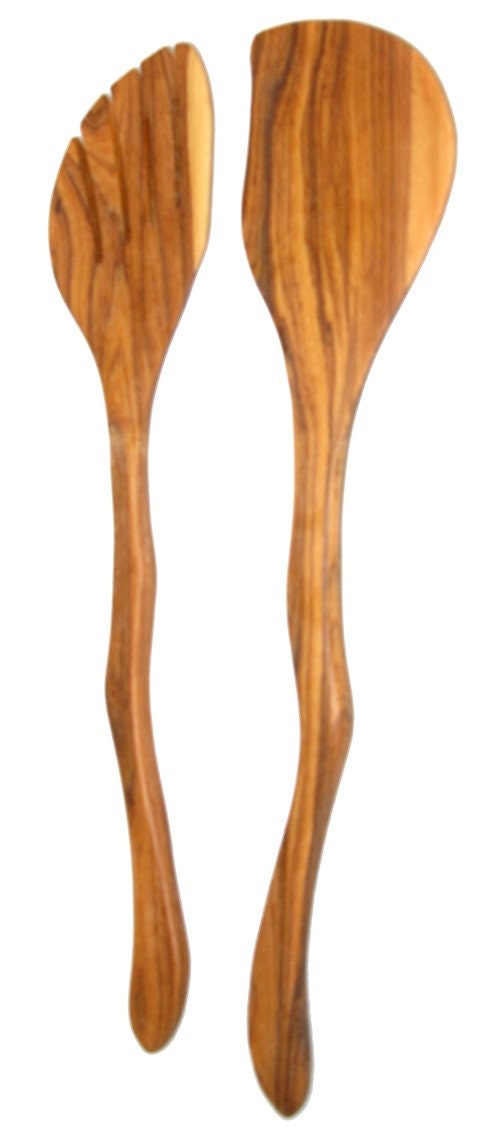 Olive Wood Salad Servers - River Design -  30cm 12 inch with Storycard