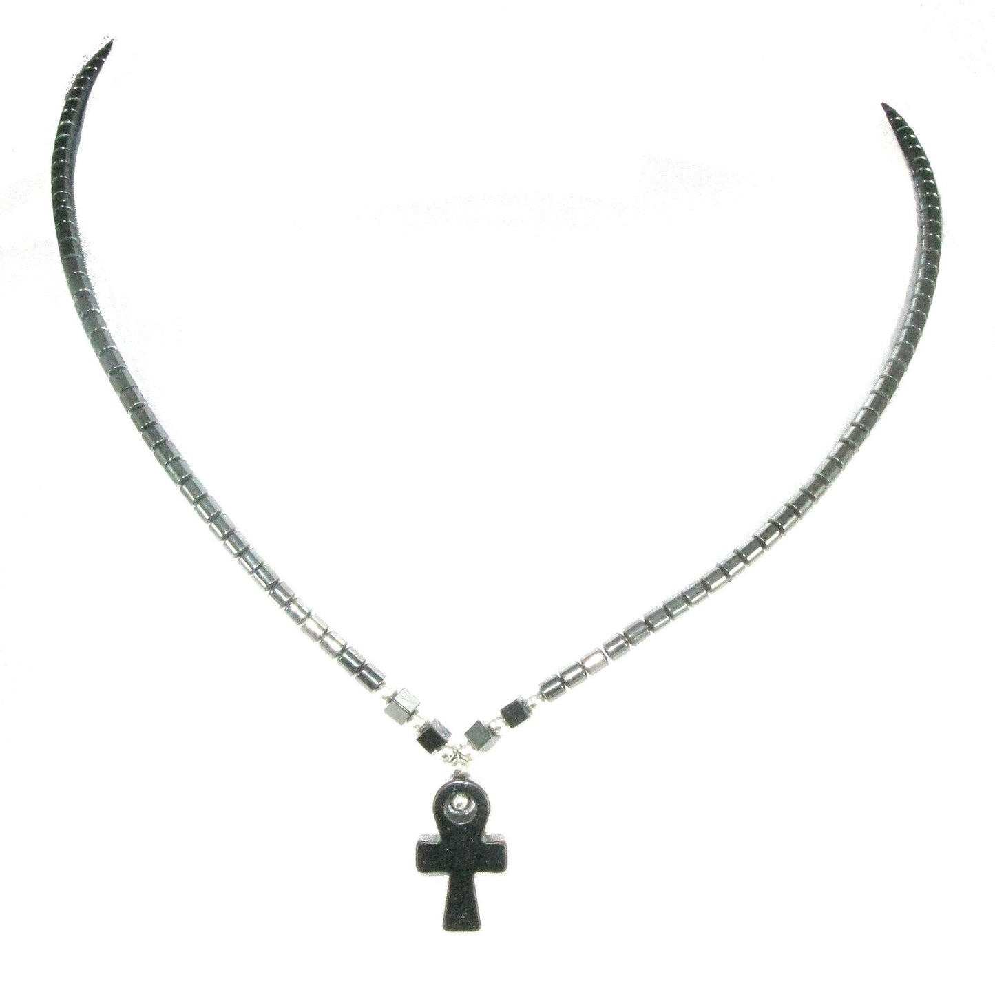 Hematite Healing Energy Anti-Stress Necklace 18" / 45 cm Small Ankh Cross Pendant Handmade + Presentation Pouch & Storycard