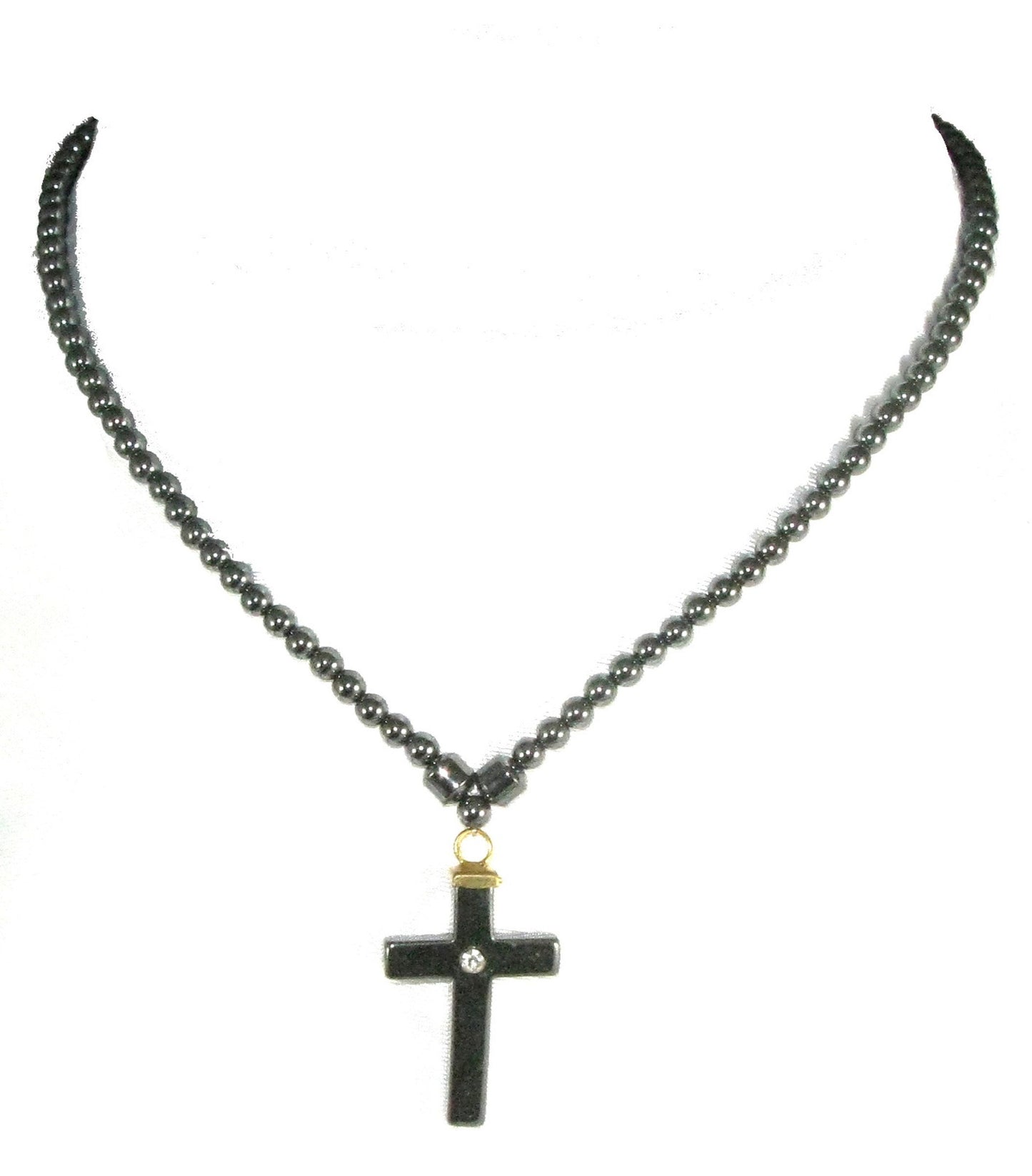 Hematite Healing Energy Anti-Stress Necklace 18" / 45 cm Crystal Cross Pendant Handmade + Presentation Pouch & Storycard