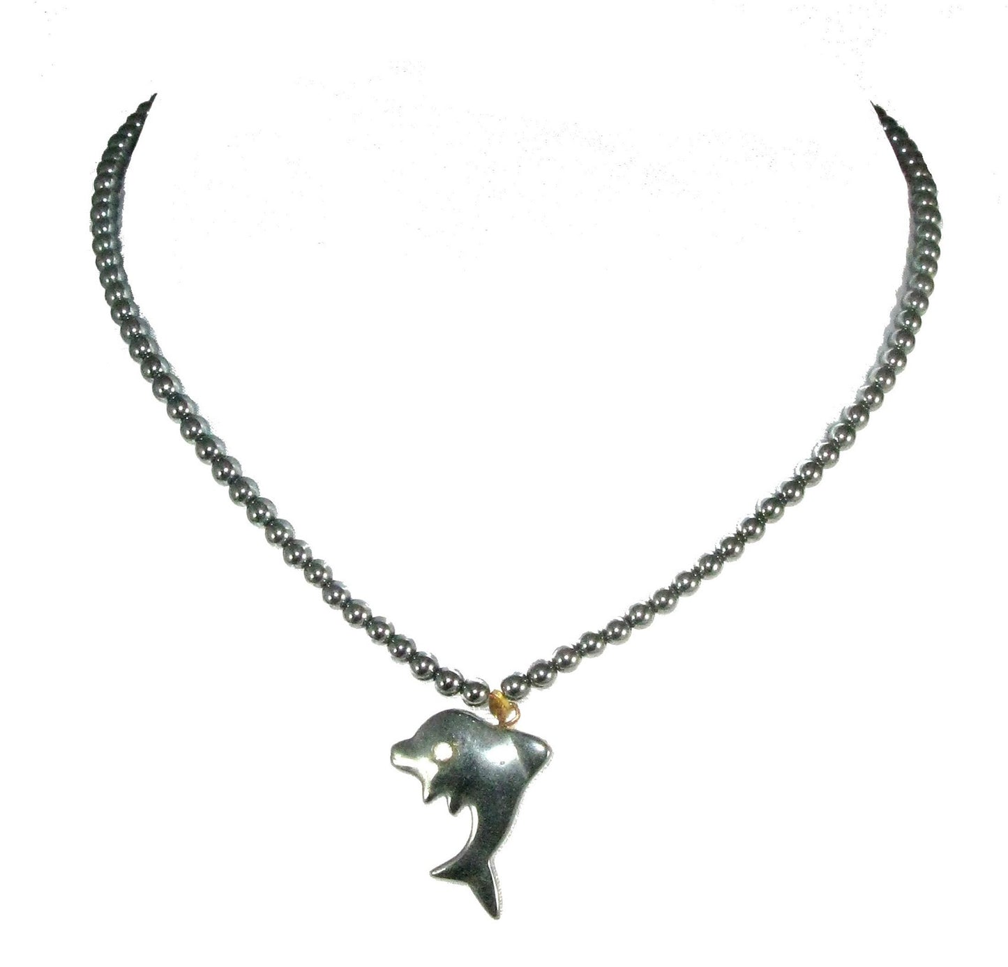 Hematite Healing Energy Anti-Stress Necklace 18" / 45 cm Dolphin Pendant Handmade + Presentation Pouch & Storycard