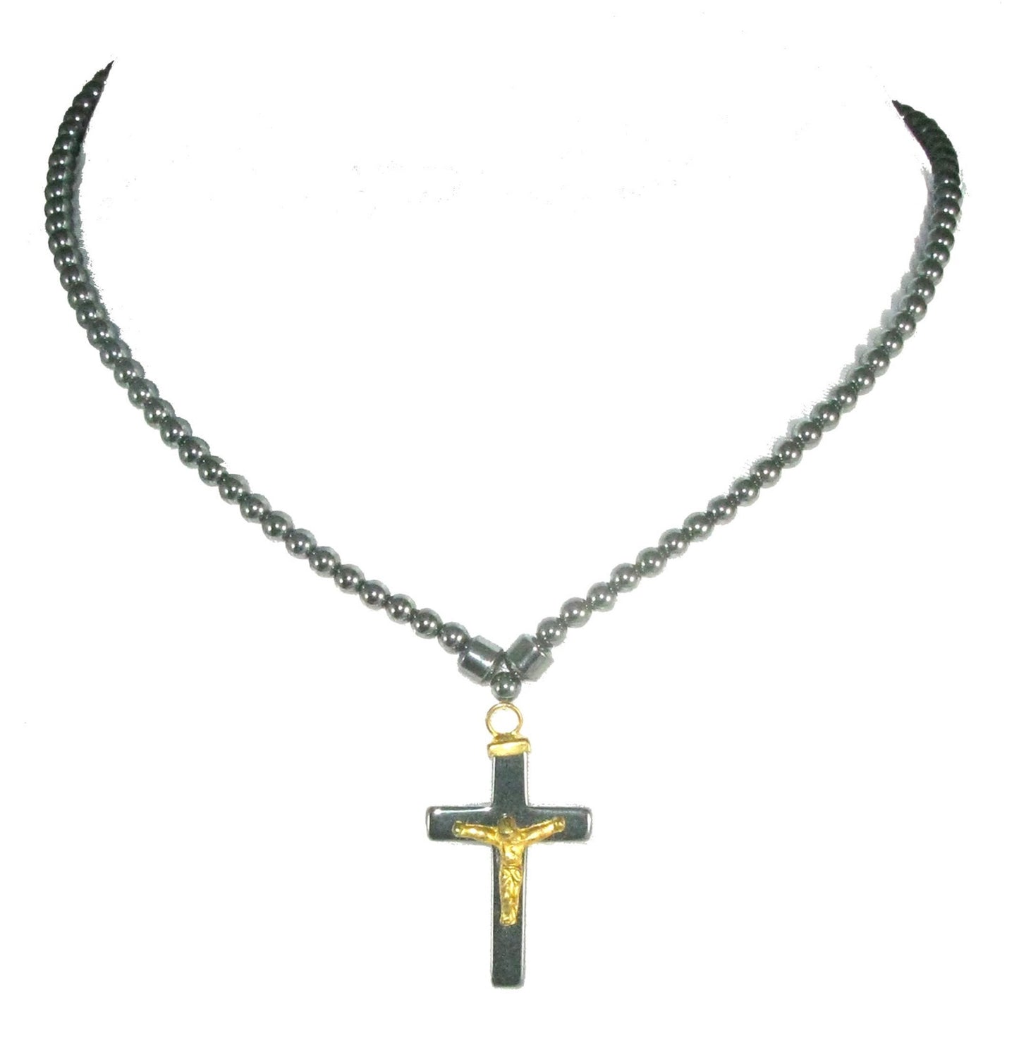 Hematite Healing Energy Anti-Stress Necklace 18" / 45 cm Crucifix Pendant Handmade + Presentation Pouch & Storycard