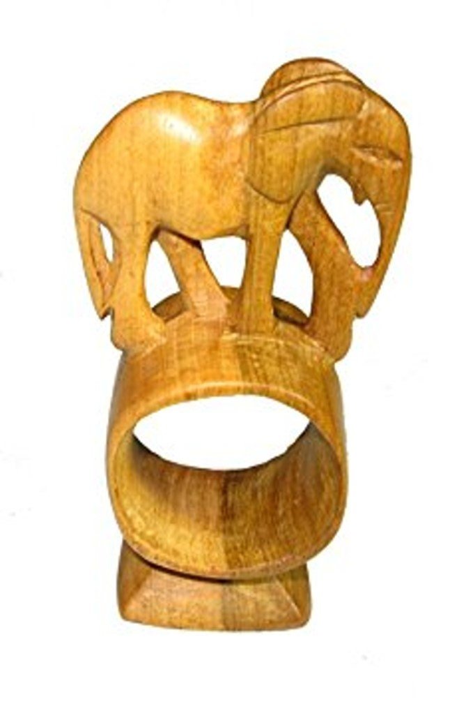 Olive Wood Napkin Ring Elephant Rhino Lion Giraffe Designs Napkin Holder Set or Single with Story - card - FriendlyTradingCo