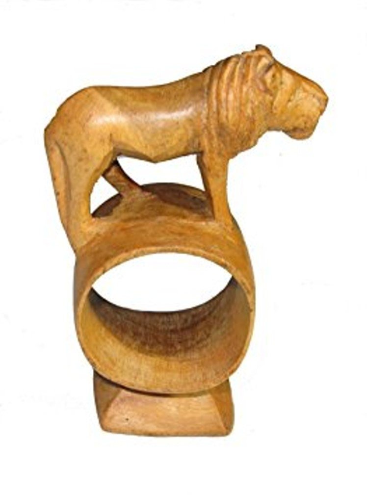Olive Wood Napkin Ring Elephant Rhino Lion Giraffe Designs Napkin Holder Set or Single with Story - card - FriendlyTradingCo