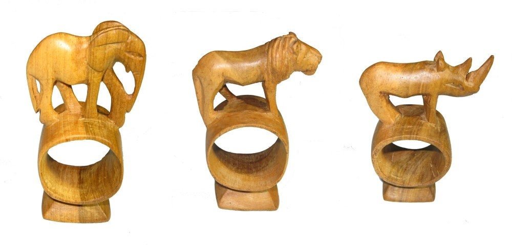 Olive Wood Napkin Ring Elephant Rhino Lion Giraffe Designs Napkin Holder Set or Single with Story - card - FriendlyTradingCo